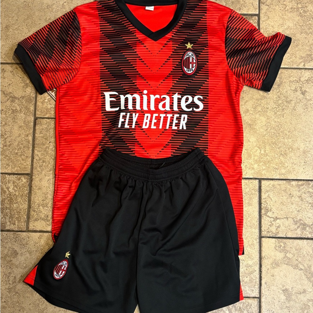 AC Milan Red and Black Striped Jersey and Shorts -  Adult Medium Set